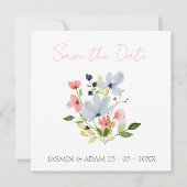 Save The Date Mariage floral bleu et rose simple Boho (Devant)