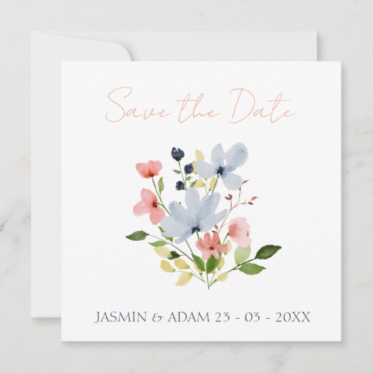 Save The Date Mariage floral bleu et rose simple Boho (Devant)