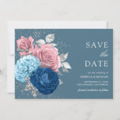 Save The Date Mariage floral bleu foncé rose (Devant)
