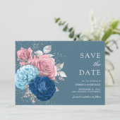 Save The Date Mariage floral bleu foncé rose (Debout devant)