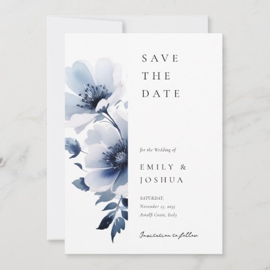 Save The Date Mariage floral bleu marine (Devant)