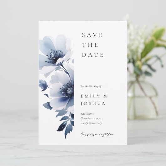 Save The Date Mariage floral bleu marine (Debout devant)