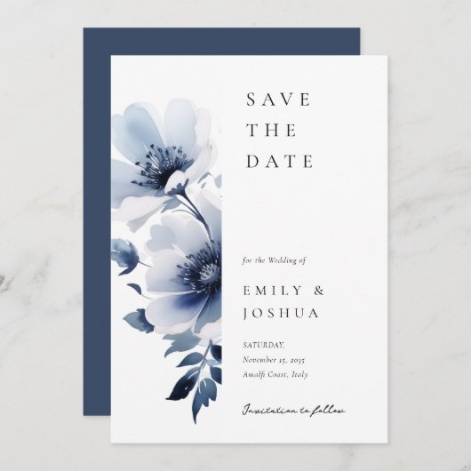 Save The Date Mariage floral bleu marine (Devant / Derrière)