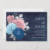 Save The Date Mariage floral bleu marine argent Dusty rose (Devant)