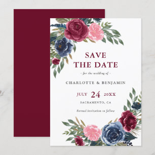 Save The Date Mariage floral bleu marine et bordeaux personnalis