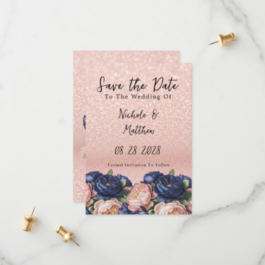 Save The Date Mariage floral bleu marine et Rose or (Devant/Arrière en situation)