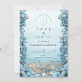Save The Date Mariage Floral Bleu Pastel de Style Côtier (Devant)