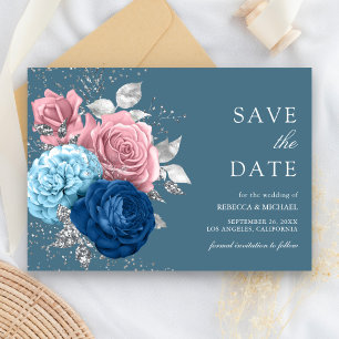 Save The Date Mariage Floral Bleu Poussiéreux Argent Rose