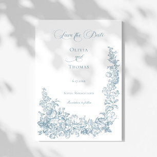 Save The Date Mariage Floral Bleu Poussiéreux Romantique