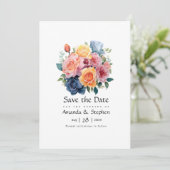 Save The Date Mariage floral bleu, rose, orange et vert (Debout devant)