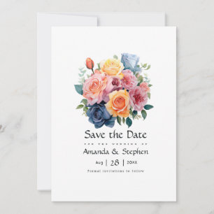 Save The Date Mariage floral bleu, rose, orange et vert