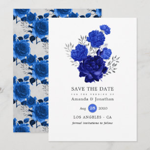 Save The Date Mariage floral bleu royal et argent