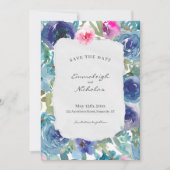 Save The Date Mariage floral bleu sirène en papier déchiré (Devant)