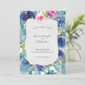 Save The Date Mariage floral bleu sirène en papier déchiré (Debout devant)