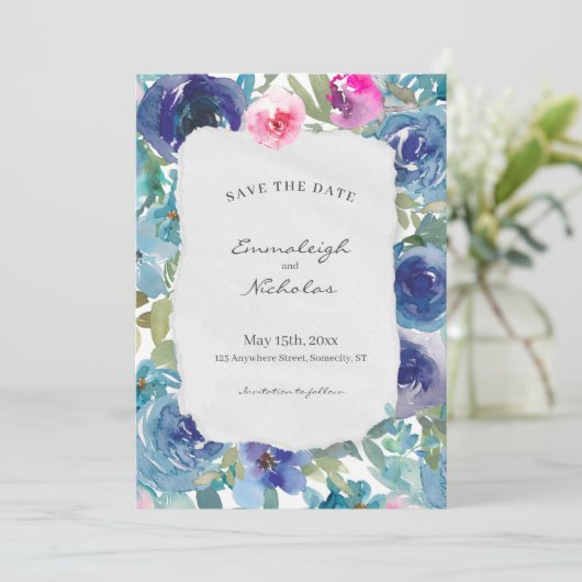 Save The Date Mariage floral bleu sirène en papier déchiré (Debout devant)