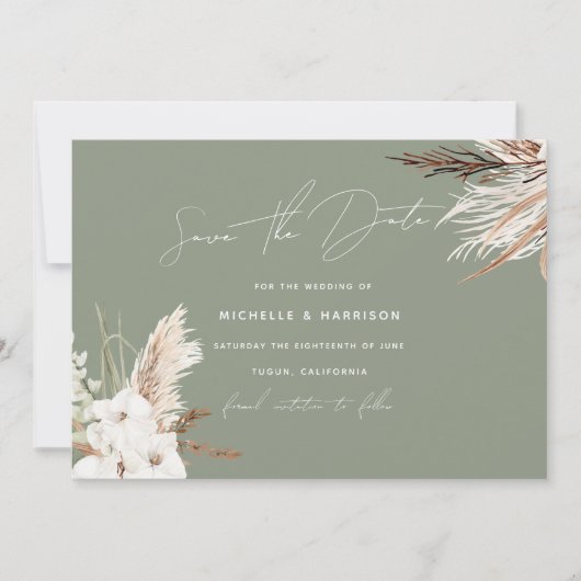 Save The Date Mariage Floral Bohème Blanc Moderne Vert Sauge (Devant)