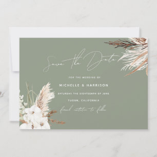 Save The Date Mariage Floral Bohème Blanc Moderne Vert Sauge