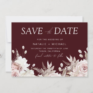 Save The Date Mariage Floral Bohème Rouge Bourgogne Profond