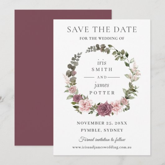 Save The Date Mariage Floral Bohème Rouge Cannelée Rose Fleurie  (Devant / Derrière)