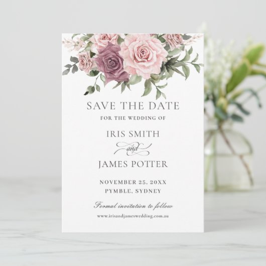 Save The Date Mariage Floral Bohème Rouge Cannelée Rose Fleurie (Debout devant)