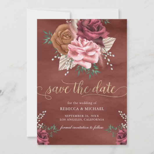 Save The Date Mariage Floral Bohème Rustique aux Roses Cannelle (Devant)