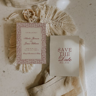 Save The Date Mariage Floral Botanique Bourgogne Rouge Profond B