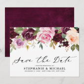 Save The Date Mariage Floral Botanique Rose Pourpre Abricot Rose (Devant / Derrière)