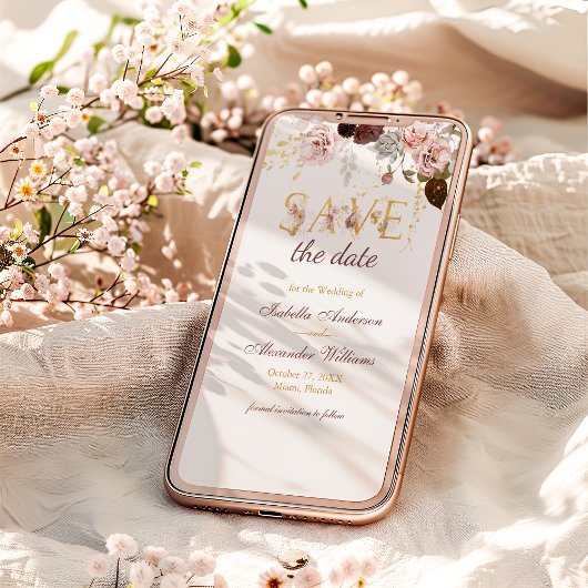 Save The Date Mariage Floral Bourgeons et Or Bourgogne