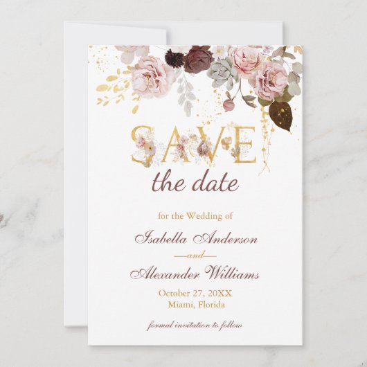 Save The Date Mariage Floral Bourgeons et Or Bourgogne (Devant)