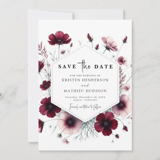 Save The Date Mariage Floral Bourgogne élégant (Devant)