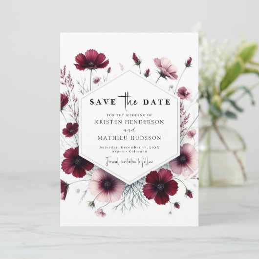 Save The Date Mariage Floral Bourgogne élégant (Debout devant)