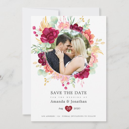 Save The Date Mariage floral Bourguignon et rose Eucalyptus (Devant)