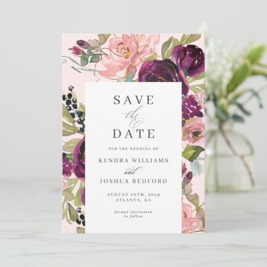 Save The Date Mariage floral bourguignon et roux Enregistrer la  (Debout devant)