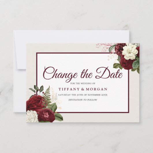 Save The Date Mariage Floral Bourguignon Romantique Changement d (Devant)