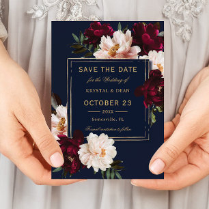 Save The Date Mariage Floral Burgundy Blush Navy Bleu Sombre