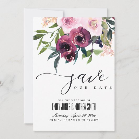 SAVE THE DATE MARIAGE FLORAL BURGUNDY BRILLANT (Devant)