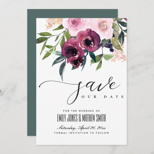 SAVE THE DATE MARIAGE FLORAL BURGUNDY BRILLANT (Devant / Derrière)