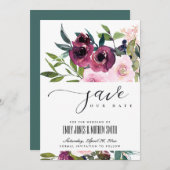 SAVE THE DATE MARIAGE FLORAL BURGUNDY BRILLANT (Devant / Derrière)