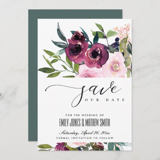 SAVE THE DATE MARIAGE FLORAL BURGUNDY BRILLANT (Devant / Derrière)