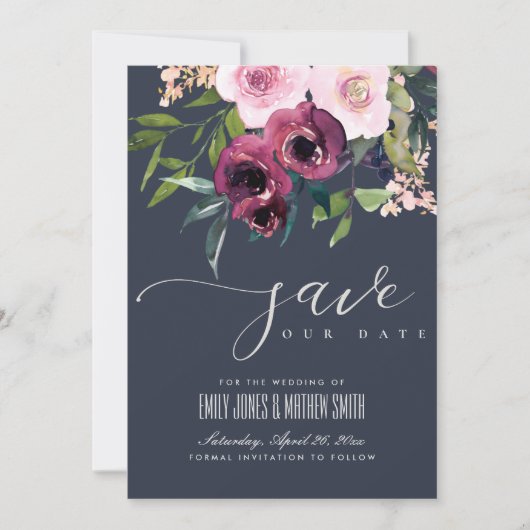 SAVE THE DATE MARIAGE FLORAL BURGUNDY DE LA MARINE (Devant)