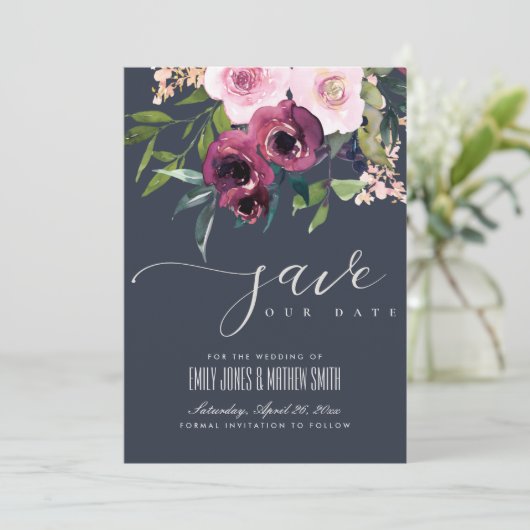 SAVE THE DATE MARIAGE FLORAL BURGUNDY DE LA MARINE (Debout devant)