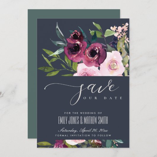 SAVE THE DATE MARIAGE FLORAL BURGUNDY DE LA MARINE (Devant / Derrière)