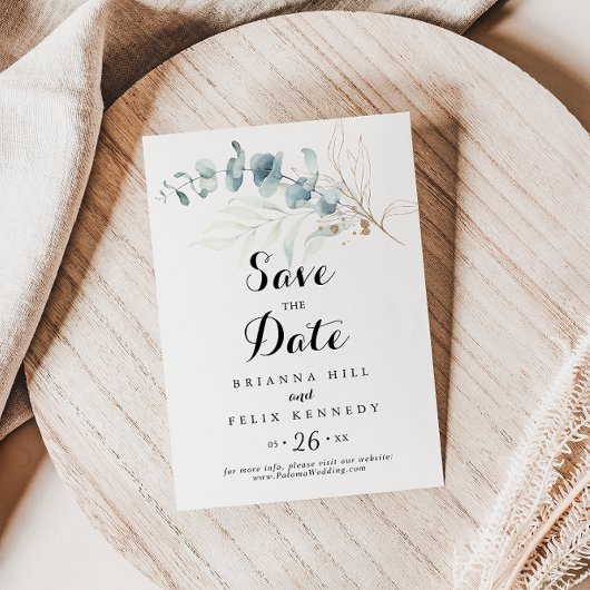 Save The Date Mariage Floral Calligraphique Eucalyptus Doré Rust