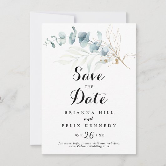 Save The Date Mariage Floral Calligraphique Eucalyptus Doré Rust (Devant)