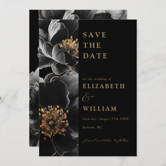 Save The Date Mariage floral chic et noir et or (Devant / Derrière)