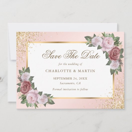 Save The Date Mariage floral Confetti à cadre d'or rose (Devant)