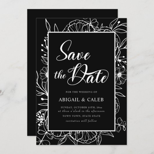 Save The Date Mariage floral croisé noir et blanc (Devant / Derrière)