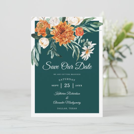 Save The Date Mariage Floral d'Automne Élégant Orange Brûlé Sarc (Debout devant)