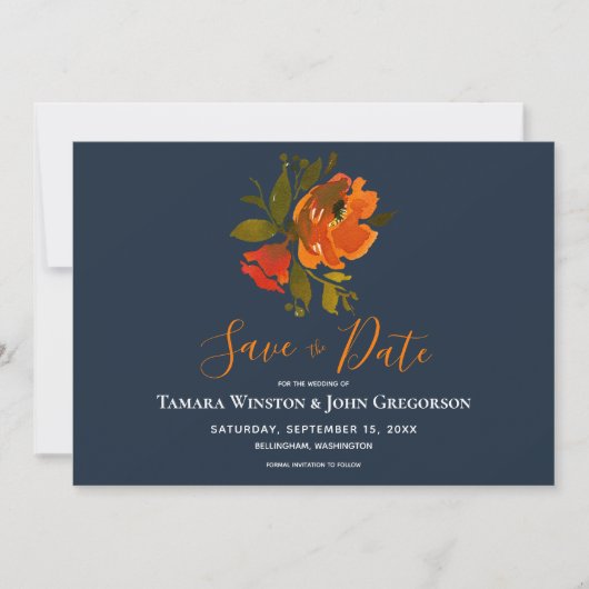 Save The Date Mariage floral de la marine orangée de Bohême mode (Devant)