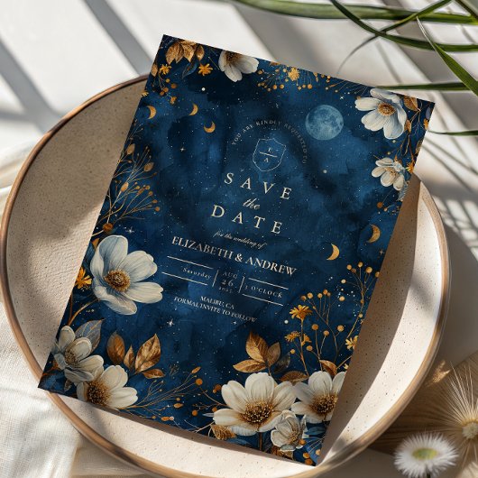Save The Date Mariage Floral de Minuit Céleste